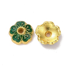 合金エナメルビーズキャップ  カドミウムフリー＆鉛フリー  長持ちメッキ  ゴールドカラー  花  濃い緑  6x2.2mm  穴：0.9mm&nbsp;ENAM-D027-01A-04G