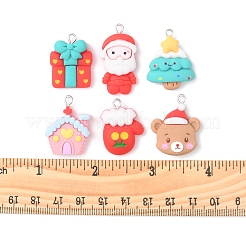 24 個 6 スタイルのクリスマス不透明樹脂ペンダント  プラチナトーンの鉄ループ付き  家とサンタクロースとクリスマスツリー  混合図形  ミックスカラー  24~32x17~22x6~8.5mm  穴：2x2.1~2.7mm  4個/スタイル&nbsp;RESI-FS0001-43