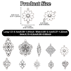 60 個 10 スタイルのチベットスタイル合金フラワーコネクタチャーム  混合図形  アンティークシルバー  18~41x9.5~31x1~2mm  穴：1~2mm  6個/スタイル&nbsp;FIND-YW0010-22