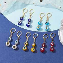 ゴールデンブラスフレンチフックピアス  女性用ガラスナザールボンジュウドロップイヤリング  ミックスカラー  46x9.5mm&nbsp;EJEW-JE05638
