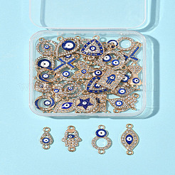 36個 18スタイル 合金 ブルー エナメル コネクター チャーム  クリスタル ラインストーン ナザールボンジュウ リンク  ゴールドカラー  混合図形  13~26x8~29x2~3.5mm  穴：1.5~2mm  2個/スタイル&nbsp;ENAM-FS0002-97
