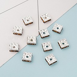 真鍮製ラインストーンスペーサービーズ  グレードA  正方形  ニッケルフリー  銀  スモークトパーズ  8x8x4mm  穴：1mm&nbsp;RSB074NF-06S