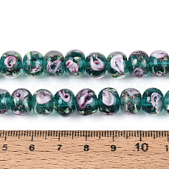 手作りのランプワークの内側の花のロンデルビーズ連売り  金粉付き  ティール  8~10x10~11mm  穴：0.9~1.4mm  約35個/連  10.83~11.42''（27.5~29センチメートル）&nbsp;LAMP-T022-24F