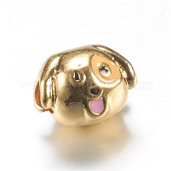 エナメルスタイルの合金の子犬のヨーロッパのビーズ  大穴ビーズ  犬の頭のチャーム  ゴールドカラー  10x13.5x10mm  穴：4.5mm&nbsp;MPDL-S038-04