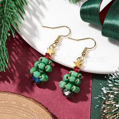 ガラスダングルピアス  真鍮パーツ  クリスマスツリー  ゴールドカラー  45x13mm&nbsp;EJEW-TA00440-02