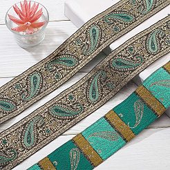 エスニック刺繡ポリエステルフラットリボン  ジャカードリボン  花柄  グリーン  2インチ（50mm）  約9.84ヤード（9m）/バンドル&nbsp;OCOR-WH0060-39B