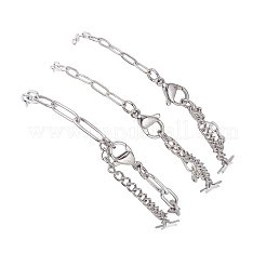 304ステンレススチールブレスレット3個  真鍮製のペーパークリップチェーン付き  ステンレス鋼色  7-3/8インチ（18.6cm）&nbsp;BJEW-JB12463