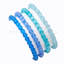 キャッツアイビーズストレッチブレスレット  ラウンド  ブルー  内径：2-1/4インチ（5.8cm）  4個/セット&nbsp;BJEW-JB10969