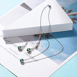 ムードジュエリー  温度によって色が変わる丸いガラスのダングルイヤリングとペンダントネックレス、304ステンレススチールアズキチェーン付き、女性用  ステンレス鋼色  17.71インチ（45cm）  37mm  ピン：0.6mm&nbsp;SJEW-JS01226