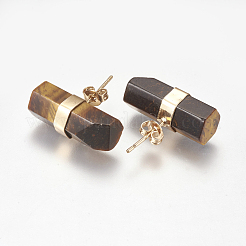 天然のタイガーアイのスタッドピアス  真鍮パーツ  柱  ゴールドカラー  7~8x21~22mm  ピン：0.8mm&nbsp;EJEW-I212-F-06G