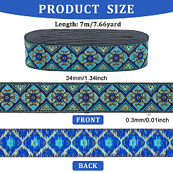 エスニック風刺繍ポリエステルリボン  ジャカードリボン  服飾材料  ブルー  菱形模様  1-3/8インチ（34mm）  約7.66ヤード（7m）/ロール&nbsp;OCOR-WH0077-29F