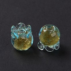 手作りの金箔ランプワークガラスビーズ  チューリップ  シアン  9x8.5mm  穴：1.6mm&nbsp;X1-LAMP-G158-02D
