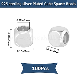 真鍮ビーズ  キューブ  銀  3x2.77x3mm  穴：2mm  100個/箱&nbsp;KK-CN0002-65S