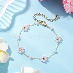 ガラスとABSプラスチックの模造真珠ビーズリンクブレスレット  女性用304ステンレススチールアズキチェーンブレスレット  花  ピンク  7-1/8インチ（18cm）&nbsp;BJEW-JB12572-04
