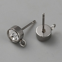 304ステンレススチール、クリスタルラインストーンスタッドピアス金具  フラットラウンド  ステンレス鋼色  9x6mm  穴：1.8mm  ピン：11x0.8mm&nbsp;STAS-WH0044-50P