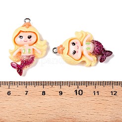 不透明樹脂ペンダント  キラキラパウダーとプラチナトーンのアイアンループ付き  人魚  ゴールド  34x22x6mm  穴：2mm&nbsp;RESI-D055-036P