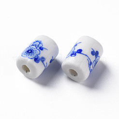 花柄プリントの磁器ビーズ  花柄の円柱型セラミックビーズ  藤紫色  12.5x8.5mm  穴：3mm&nbsp;PORC-T007-09
