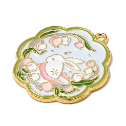 合金エナメルチャーム  花のチャームが付いたウサギ  ゴールドカラー  27x25x1.5mm  穴：1.6mm&nbsp;AL-CBAF9DF-05D