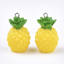 樹脂チャーム  プラチナメッキ鉄パーツ  模造食品  パイナップル  きいろ  32~33x19~20x18~19mm  穴：2mm&nbsp;X-RESI-T028-51