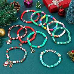 10pcs10スタイルポリマークレイヘイシビーズストレッチブレスレットセットクリスマス用  天然真珠ビーズと合金エナメルペンダント付き  ゴールドカラー  ミックスカラー  内径：2-1/8インチ（5.5cm）  1個/スタイル&nbsp;sgBJEW-JB06128