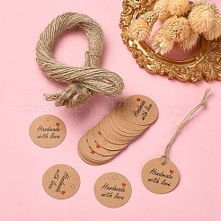 クラフト紙ギフトタグ100個。  hange tags  麻ロープ付き  芸術のために  工芸品と食べ物  愛と手作りの単語でフラットラウンド  バリーウッド  タグ：3cm  約101個/袋&nbsp;CDIS-YW0001-11C