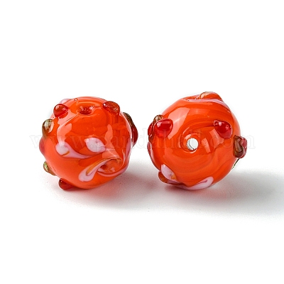 手作りのでこぼこランプワークビーズ  ラウンド  レッドオレンジ  14.5~15.5x13.5mm  穴：1.4mm&nbsp;FOIL-B001-08B-1