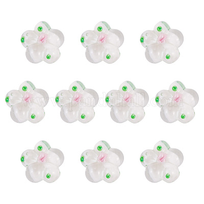 10個の手作りランプワークビーズ  バンピー  花  ホワイト  13.5~14x14.5~15x7~8mm  穴：1.4mm&nbsp;LAMP-TADJ0001-01B-1