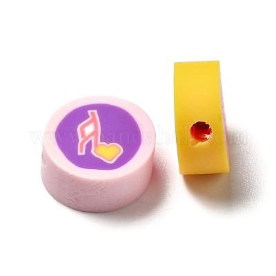 手作り樹脂粘土ビーズ  フラットラウンド  音符模様  9~9.5x4~5mm  穴：1.6mm&nbsp;CLAY-E001-01C-1