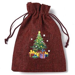 クリスマステーマのジュート布収納バッグ  長方形巾着袋  ファイヤーブリック  クリスマスツリー  18x13x0.4cm&nbsp;ABAG-F010-01B-08