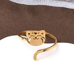 女性用304ステンレススチールカフリング  中空  猫の形  ゴールドカラー  内径：19mm&nbsp;RJEW-F195-02G