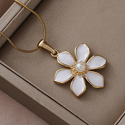 304ステンレススチールエナメル、模造真珠の桜の花のペンダントネックレス（女性用）  ホワイト  ゴールドカラー  15.75インチ（40cm）&nbsp;RN9489