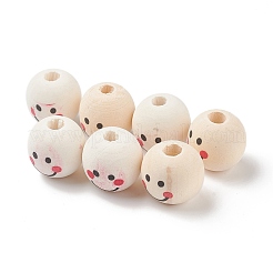 (不良見切り販売：木目・シミあり) 天然木プリントヨーロピアンビーズ  大穴ビーズ  笑顔の模様で丸い  フローラルホワイト  18~18.5x17mm  穴：5mm  約260個/500g&nbsp;WOOD-XCP0001-65