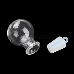 クリアガラスのウィッシングボトルペンダント  プラスチックシールプラグ付き  ラウンドチャーム  35x17.3mm  穴：2mm&nbsp;GLAA-A010-01B