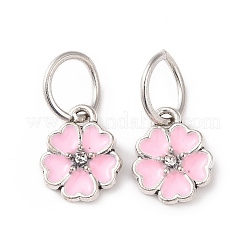 エナメル風の花の合金ラインストーンチャーム  鉄パーツ  アンティークシルバー  ピンク  13.5x11x3mm  穴：6mm&nbsp;ENAM-S085-07