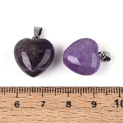 天然石アメジストペンダント  ハートチャーム  プラチナトーンのアイロンスナップ留め金具付き  16~19x15~18x8~10.5mm  穴：5.5~6x2~2.5mm&nbsp;G-T143-49E