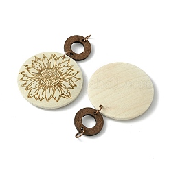 フラットラウンド＆リングポプラ木彫りビッグペンダント  鉄製丸カン付き  花  58.5x39.5x5mm  穴：5mm&nbsp;WOOD-G019-05C