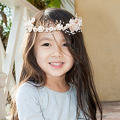 ウェディングパーティー、ビーチ、ブライダル、装飾、ヘアアクセサリー、ヘアバイン  合金の花のヘッドバンド  プラスチック製のビーズと  ホワイト  380~383x33x14mm&nbsp;OHAR-WH0021-03A