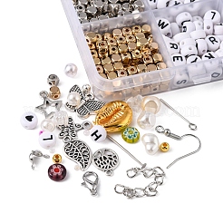 Diyイミテーションパールイヤリングブレスレットネックレスメイキングキット  ラウンド & キューブ & 花 & シェル形プラスチック & アクリル ビーズを含む  葉と星と蝶の合金ペンダント  アイアン製ピアスフック  ミックスカラー&nbsp;DIY-FS0003-15