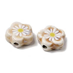 釉薬をかけたデイジーの花柄プリントの磁器ビーズ  手作りの花柄セラミックビーズ  古いレース  15~16x15~16x5.5~6.5mm  穴：2mm&nbsp;PR-CBA03B0-04A