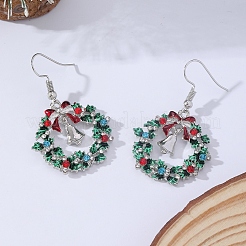 クリスマスリースとクリスマスベルの合金ラインストーンダングルイヤリング  プラチナ  25x26mm&nbsp;WG06691-04