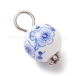 手作りの花柄磁器ペンダント  鉄と合金パーツ  ラウンド  プラチナ  17.5x10.5mm  穴：4mm&nbsp;PALLOY-JF03928-01