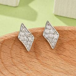 菱形真鍮マイクロパヴェクリアキュービックジルコニアスタッドピアス（女性用）  カドミウムフリー＆鉛フリー  長持ちメッキ  ラックめっき  プラチナ  12.5x7mm&nbsp;EJEW-G428-16P