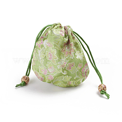 中国錦織小袋コインポーチ  巾着花刺繍ジュエリーバッグギフトポーチ  女性の女の子のために  薄緑  11.1x10.4x0.45cm&nbsp;ABAG-WH0023-17G