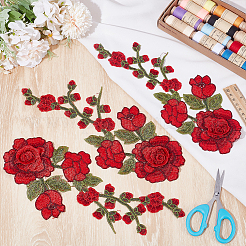 ポリエステル刺繍裁縫装飾品8個  diyの衣装アクセサリー  花  レッド  305x105x5.5mm&nbsp;DIY-HY0003-42B