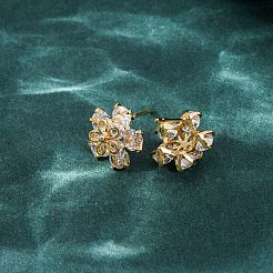 女性用真鍮キュービックジルコニアスタッドピアス  花  18KGP本金メッキ  15x15.5mm&nbsp;EJEW-F418-11G