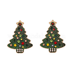 クリスマスツリー合金エナメルスタッドピアス  ラインストーン付き  ゴールドカラー  41x30mm&nbsp;FS-WG53A5C-01