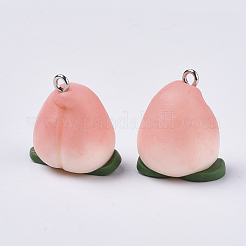 手作り樹脂粘土ペンダント  プラチナメッキ鉄ループ付き  桃  ピンク  22~23x19~20x16~17mm  穴：2mm&nbsp;CLAY-Q245-18