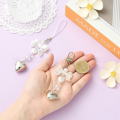 ABSプラスチック模造真珠とアクリルペンダント装飾2個  合金製回転留め具と携帯電話ストラップ付き  ちょう結びとハート  プラチナ  ホワイト  120~143mm&nbsp;HJEW-YW00300