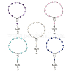 女性用アクリルラウンドクロス模様ビーズチャームブレスレット  合金クロス  ミックスカラー  10-1/4インチ（26cm）&nbsp;BJEW-JB11347