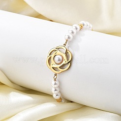 イオンプレーティング（IP）304ステンレススチールリンクブレスレット（女性用）  プラスチックパール付き  花  18KGP本金メッキ  6-3/4インチ（17.1cm）&nbsp;BJEW-P345-07G